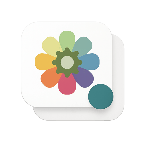 Android dynamic color flower-shaped gear with layered cards and floating action button