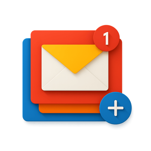 Material design envelope on layered cards with notification badge and floating action button